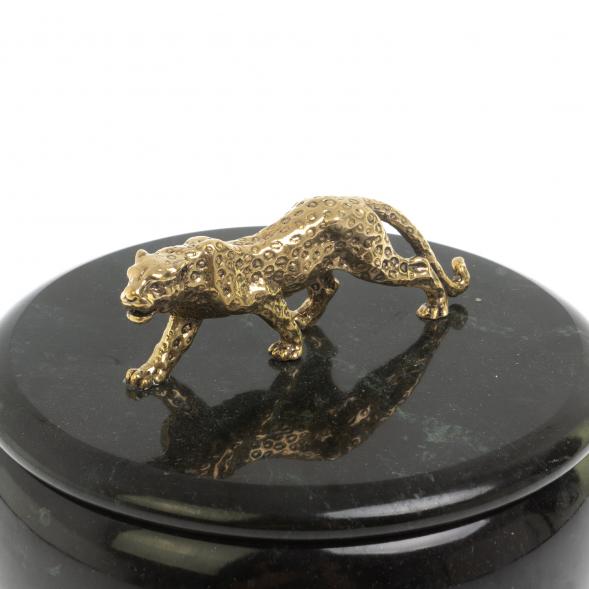 Шкатулка круглая &amp;quot;Гепард&amp;quot; из черного змеевика 15х15х12 см 127629