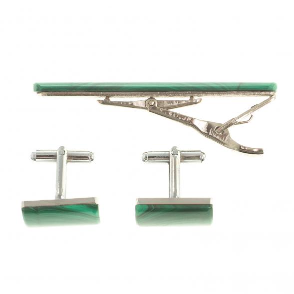Набор запонки прямоугольные и зажим для галстука малахит 123843