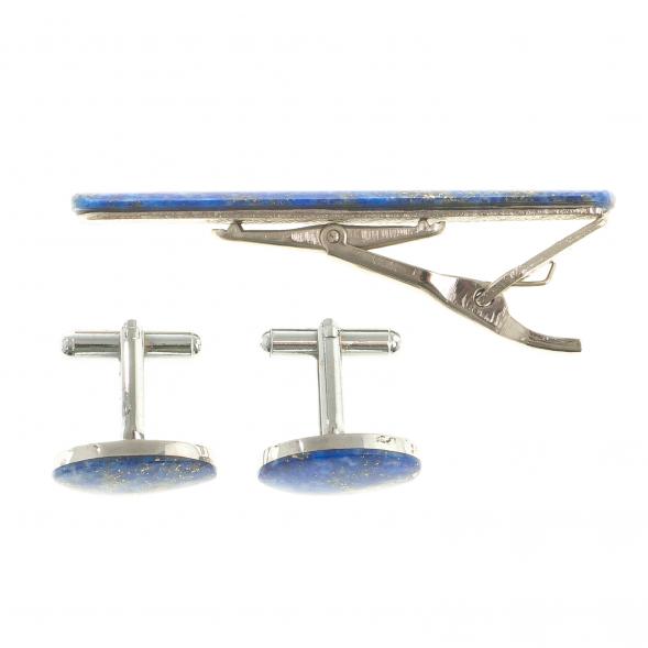 Комплект зажим для галстука и запонки овальные лазурит 123845