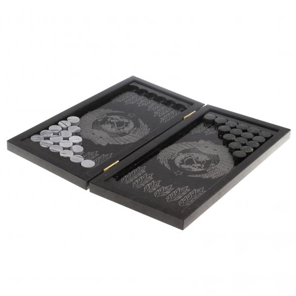 Нарды с гравировкой &amp;quot;Герб СССР / герб РФ&amp;quot; камень гранит 124587