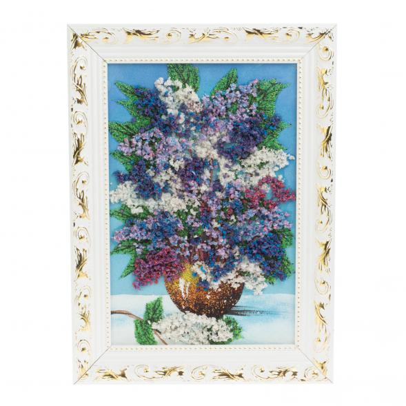 Картина из каменной крошки &amp;quot;Букет сирени&amp;quot; 20х30 см в багете синий фон 127945