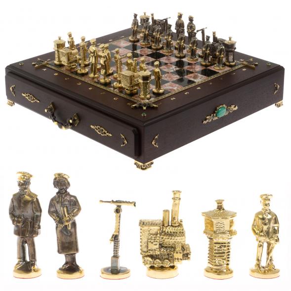 Шахматный ларец &amp;quot;Железнодорожники&amp;quot; фигуры бронза камень креноид 130042