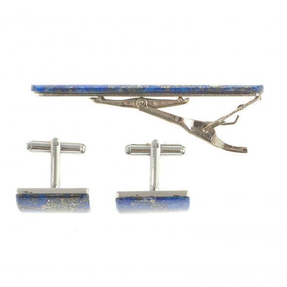 Набор запонки прямоугольные и зажим для галстука лазурит 123846