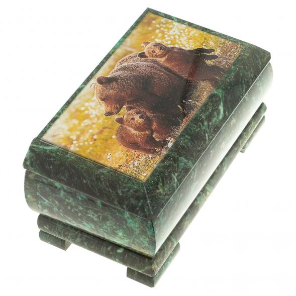 Шкатулка с иллюстрацией &amp;quot;Медведица с медвежатами&amp;quot; камень змеевик 17,5х9,5х7,5 см / шкатулка для ювелирных украшений / для хранения бижутерии / подарок коллеге