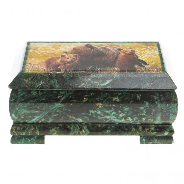 Шкатулка с иллюстрацией &amp;quot;Медведица с медвежатами&amp;quot; камень змеевик 17,5х9,5х7,5 см / шкатулка для ювелирных украшений / для хранения бижутерии / подарок коллеге