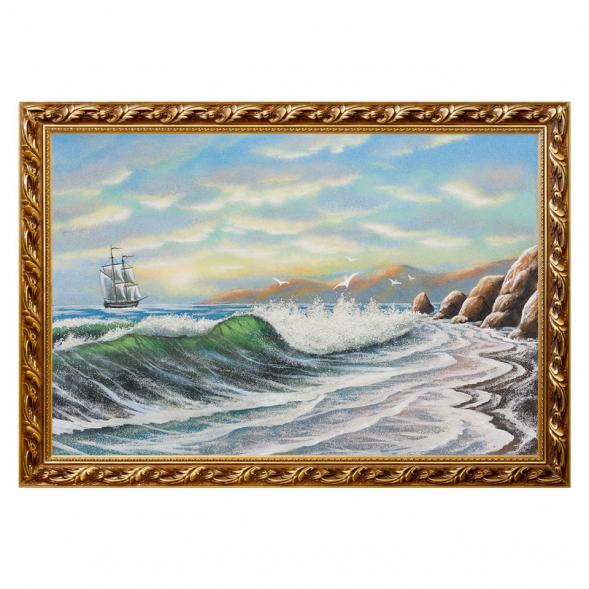 Картина &amp;quot;Пейзаж с парусником и скалами&amp;quot; багет 46х66 см, каменная крошка 111845