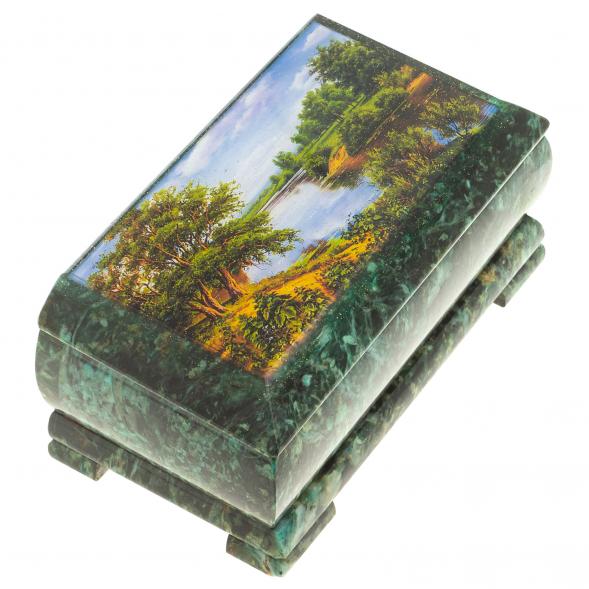 Шкатулка с иллюстрацией &amp;quot;Летний пейзаж&amp;quot; камень змеевик 17,5х9,5х7,5 см / шкатулка для ювелирных украшений / для хранения бижутерии / подарок жене