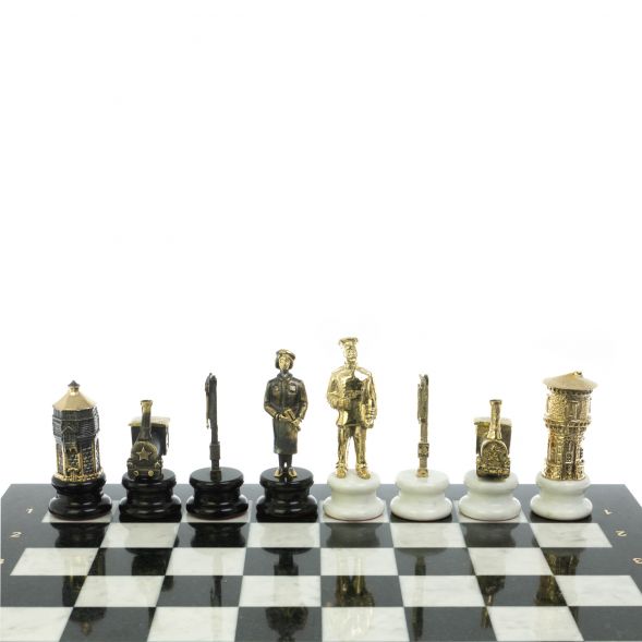 Шахматы подарочные &amp;quot;Железнодорожники&amp;quot; из бронзы и мрамора доска 48х48 см 128642