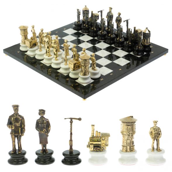Шахматы подарочные &amp;quot;Железнодорожники&amp;quot; из бронзы и мрамора доска 48х48 см 128642