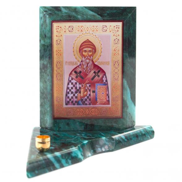 Икона с подсвечником Спиридон Тримифунтский из змеевика малая 120977