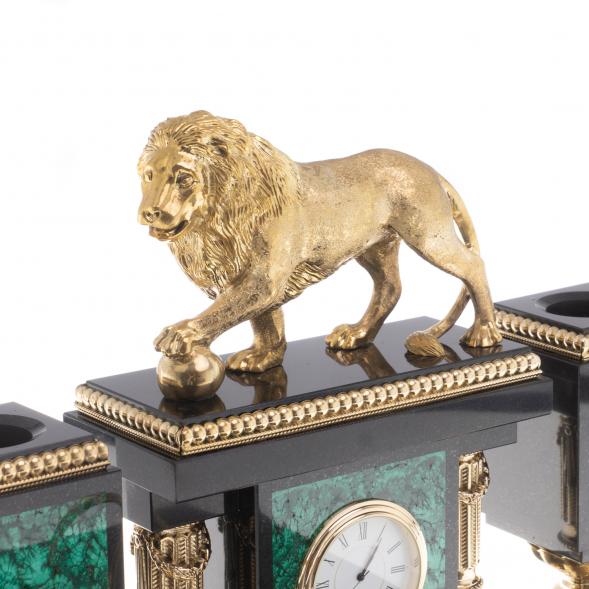 Настольный набор &amp;quot;Лев с шаром&amp;quot; камень малахит 124358