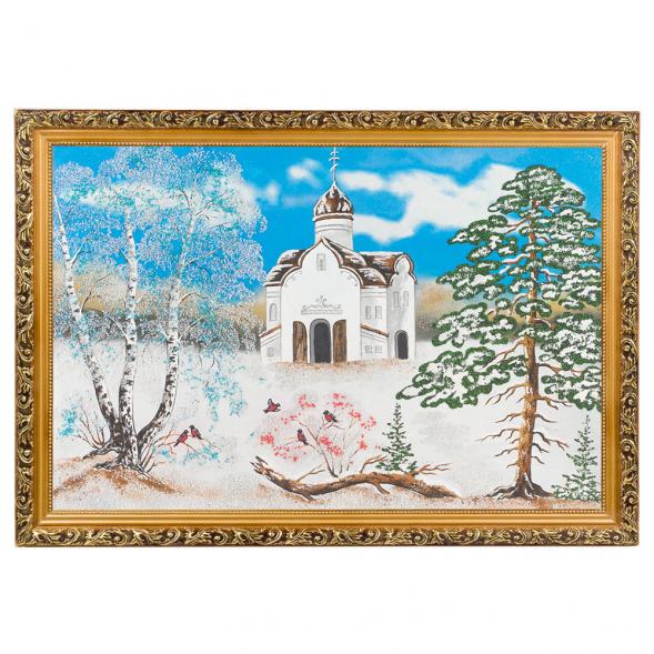 Картина &amp;quot;Церковь и снегири&amp;quot; багет 46х66 см, каменная крошка 119310