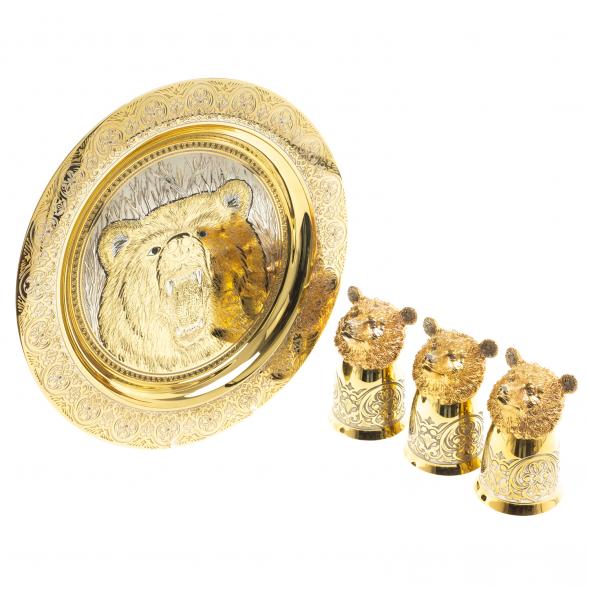 Подарочный набор &amp;quot;Медведь&amp;quot; тарелка с гравюрой и 3 стопки перевертыша 70 мл бронза Златоуст