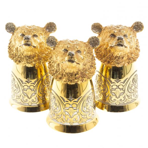 Подарочный набор &amp;quot;Медведь&amp;quot; тарелка с гравюрой и 3 стопки перевертыша 70 мл бронза Златоуст