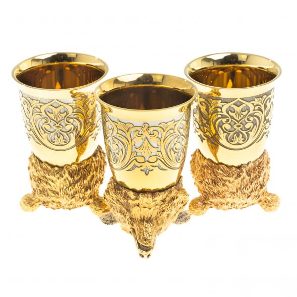 Подарочный набор &amp;quot;Медведь&amp;quot; тарелка с гравюрой и 3 стопки перевертыша 70 мл бронза Златоуст