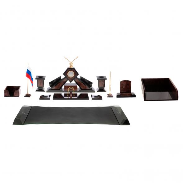 Настольный набор из лемезита &amp;quot;Орел&amp;quot; с лотком для бумаг А4 и бюваром / Канцелярский набор / Набор письменных принадлежностей / На стол руководителю