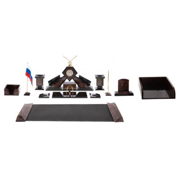 Настольный набор из лемезита &amp;quot;Орел&amp;quot; с лотком для бумаг А4 и бюваром / Канцелярский набор / Набор письменных принадлежностей / На стол руководителю