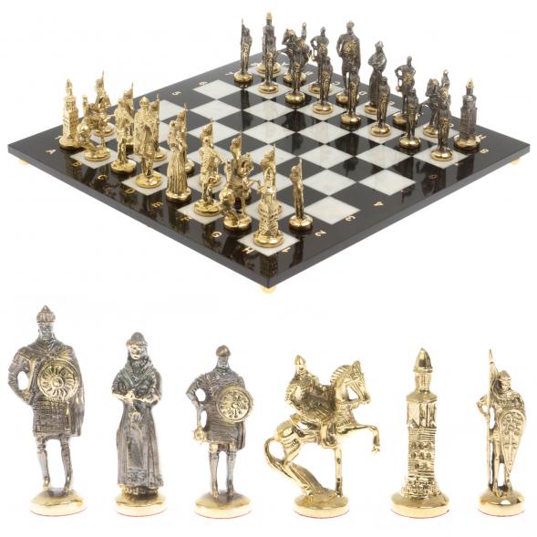 Шахматы с фигурами из бронзы &amp;quot;Русские&amp;quot; доска мрамор долерит 37х37 см 129724