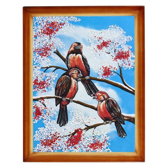 Картина &amp;quot;Снегири&amp;quot; багет дерево 36х46 см, каменная крошка 111692