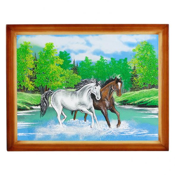 Картина &amp;quot;Две лошади&amp;quot; багет дерево 36х46 см, каменная крошка 111693