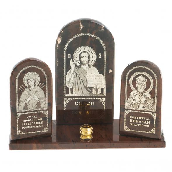Икона триптих &amp;quot;Спаситель, Семистрельная, Николай&amp;quot; камень обсидиан 122909