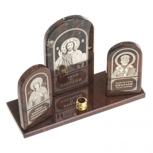 Икона триптих &amp;quot;Спаситель, Семистрельная, Николай&amp;quot; камень обсидиан 122909