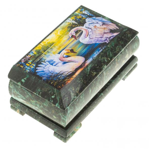 Шкатулка с иллюстрацией &amp;quot;Пара лебедей&amp;quot; камень змеевик 17,5х9,5х7,5 см / шкатулка для ювелирных украшений / для хранения бижутерии / для денег
