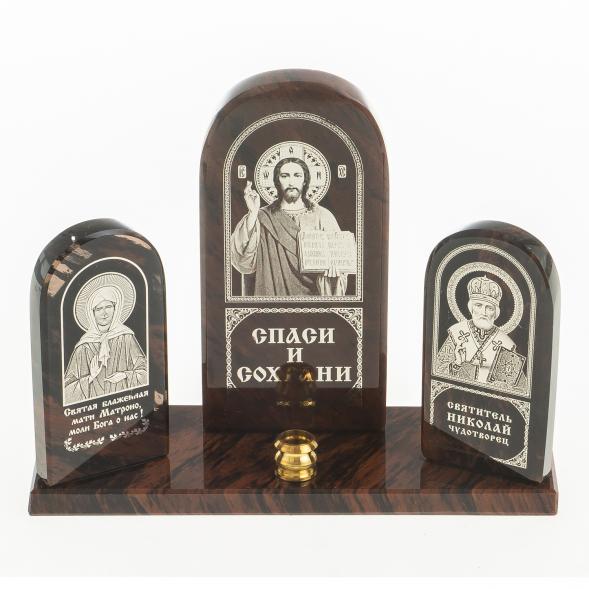 Икона триптих &amp;quot;Спаситель, Матрона, Николай&amp;quot; камень обсидиан 122910