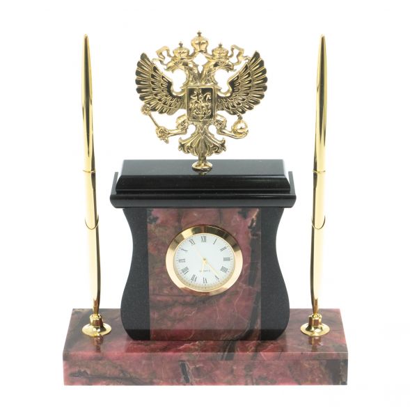Настольные часы с ручками &amp;quot;Герб&amp;quot; из камня родонит 128271