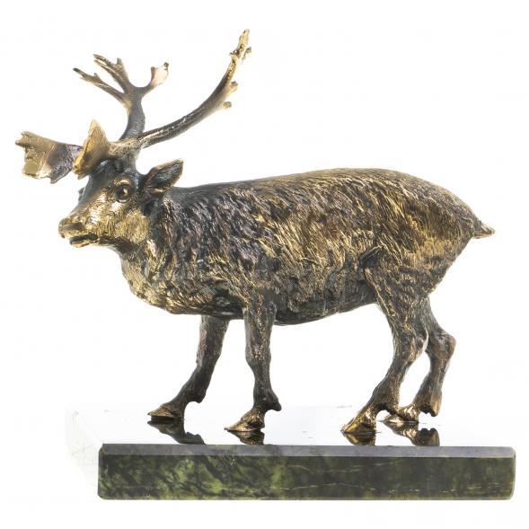 Бронзовая статуэтка &amp;quot;Северный олень&amp;quot; на подставке из камня змеевик 123507