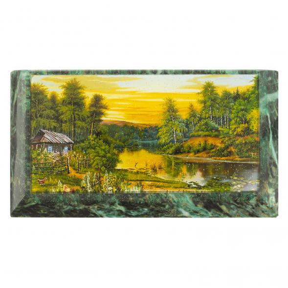 Шкатулка с иллюстрацией &amp;quot;Домик на берегу реки&amp;quot; камень змеевик 17,5х9,5х7,5 см / шкатулка для ювелирных украшений / для хранения бижутерии / для денег