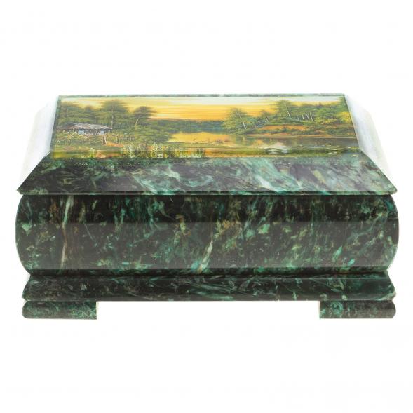 Шкатулка с иллюстрацией &amp;quot;Домик на берегу реки&amp;quot; камень змеевик 17,5х9,5х7,5 см / шкатулка для ювелирных украшений / для хранения бижутерии / для денег