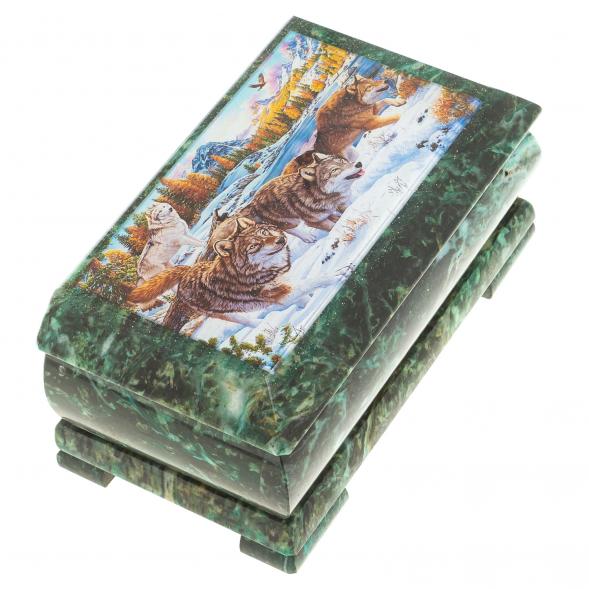 Шкатулка с иллюстрацией &amp;quot;Стая волков&amp;quot; камень змеевик 17,5х9,5х7,5 см 124037