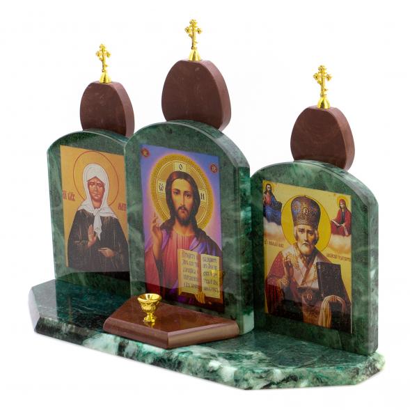 Икона настольная с подсвечником &amp;quot;Триптих Спаситель, Матрона Московская, Николай Чудотворец&amp;quot; змеевик, лемезит 33,5х9,5х24 см
