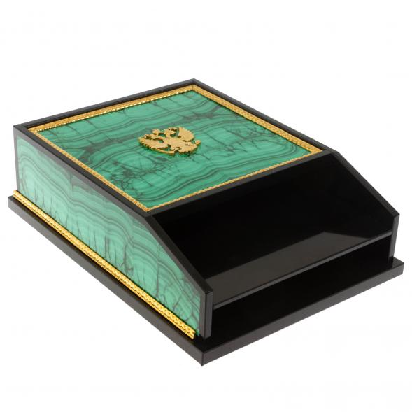Лоток для бумаг А4 из малахита с гербом РФ двухъярусный 129797