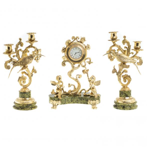 Каминные часы &amp;quot;Ангелы&amp;quot; с канделябрами бронза камень змеевик 122671