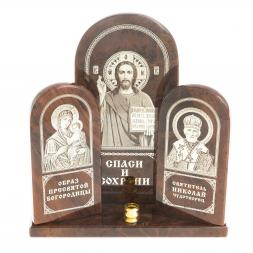 Икона триптих большая "Спаситель, Богоматерь, Николай" камень обсидиан