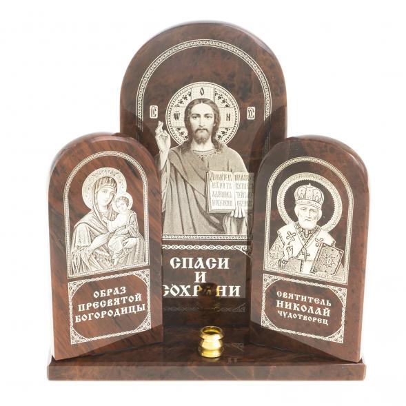 Икона триптих большая &amp;quot;Спаситель, Богоматерь, Николай&amp;quot; камень обсидиан 122915