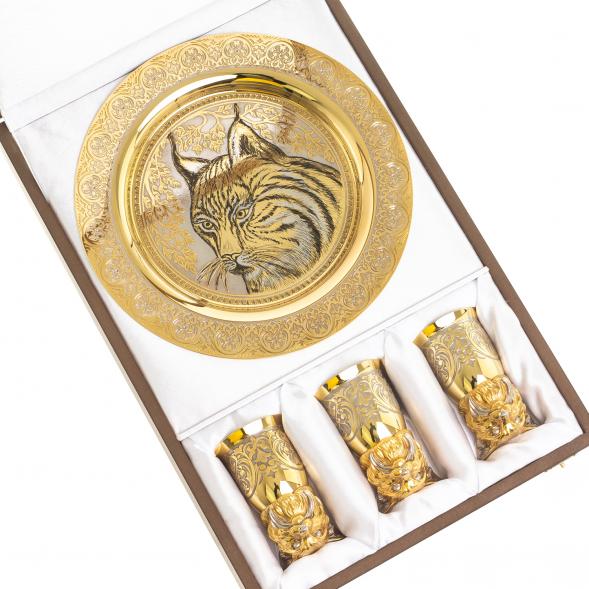Подарочный набор &amp;quot;Рысь&amp;quot; тарелка и 3 стопки перевертыша Златоуст 123686