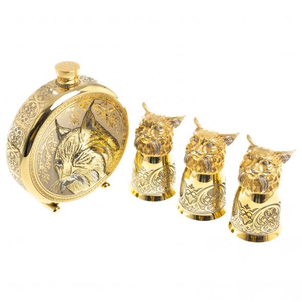 Подарочный набор &amp;quot;Рысь&amp;quot; фляжка с гравюрой и 3 стопки перевертыша 70 мл бронза Златоуст