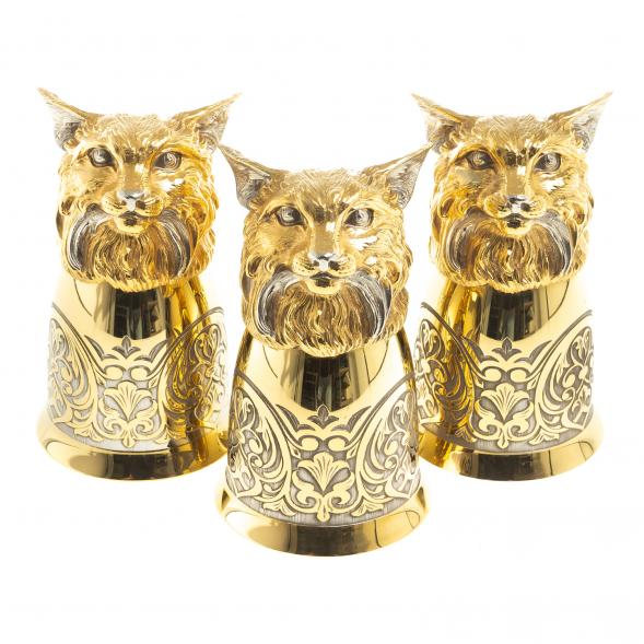 Подарочный набор &amp;quot;Рысь&amp;quot; фляжка с гравюрой и 3 стопки перевертыша 70 мл бронза Златоуст