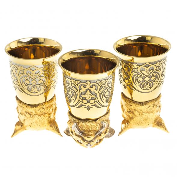 Подарочный набор &amp;quot;Рысь&amp;quot; фляжка с гравюрой и 3 стопки перевертыша 70 мл бронза Златоуст