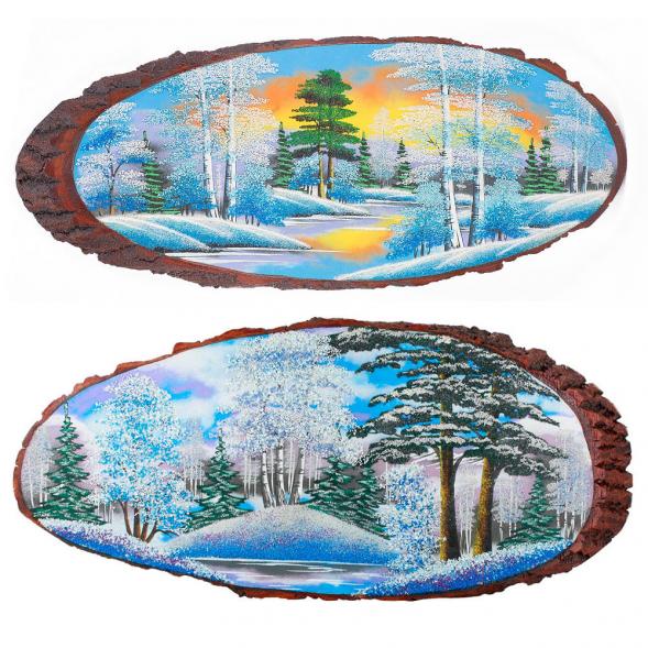 Панно на срезе дерева &amp;quot;Зима&amp;quot; горизонтальное 55-60 см каменная крошка 112215