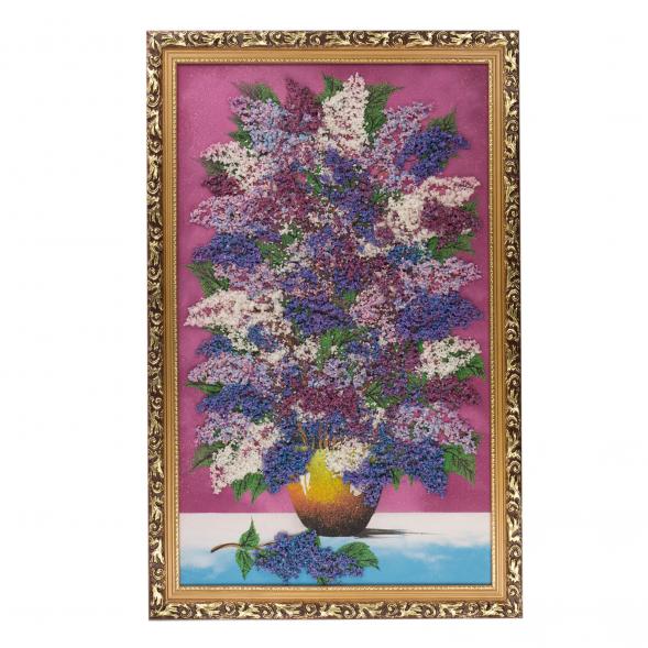 Картина из каменной крошки &amp;quot;Букет сирени на столе&amp;quot; 89х59 см багет малиновый фон 121556