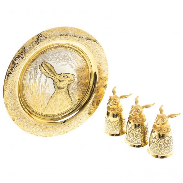 Подарочный набор &amp;quot;Заяц&amp;quot; тарелка с гравюрой и 3 стопки перевертыша 70 мл бронза Златоуст