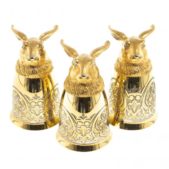 Подарочный набор &amp;quot;Заяц&amp;quot; тарелка с гравюрой и 3 стопки перевертыша 70 мл бронза Златоуст