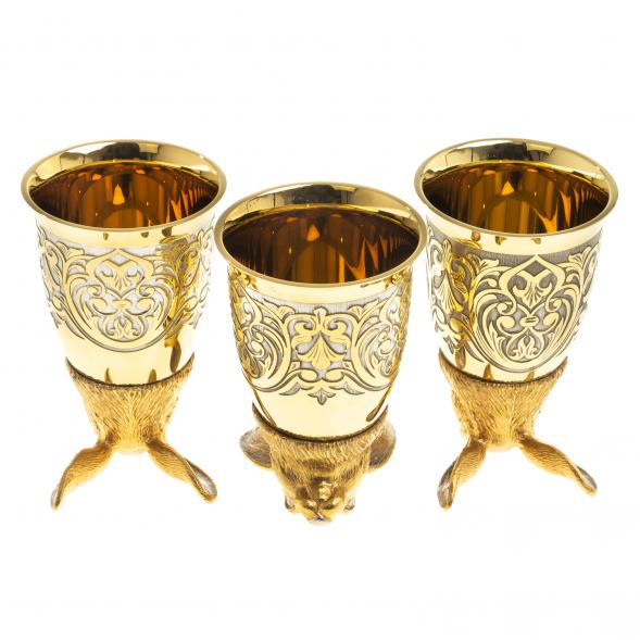 Подарочный набор &amp;quot;Заяц&amp;quot; тарелка с гравюрой и 3 стопки перевертыша 70 мл бронза Златоуст