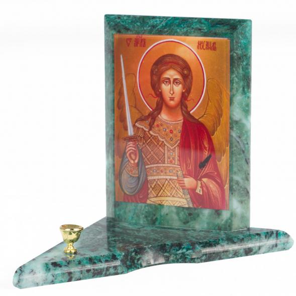 Икона с подсвечником Архангел Михаил средняя из змеевика 12х12х13 см 119140