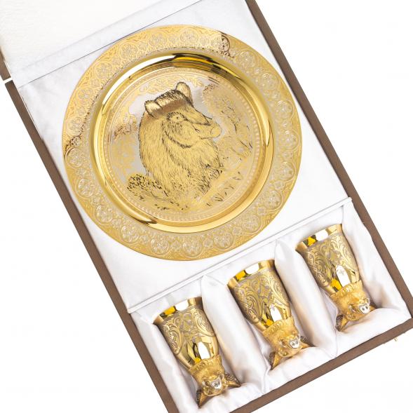 Подарочный набор &amp;quot;Кабан&amp;quot; тарелка и 3 стопки перевертыша Златоуст 123690