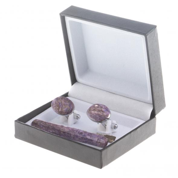 Набор запонки овальные и зажим для галстука камень чароит 124455